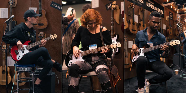 A collage of  3 images side-by-side each showing a different person seated, playing the Kala Solid Body U•BASS® in front to Kala's tradeshow booth.