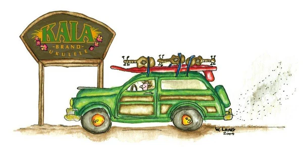 Illustration of Green Vintage Woody Station Wagon with a red surfboard and several ukuleles strapped to the top, driving past a sign that reads Kala Brand Ukulele